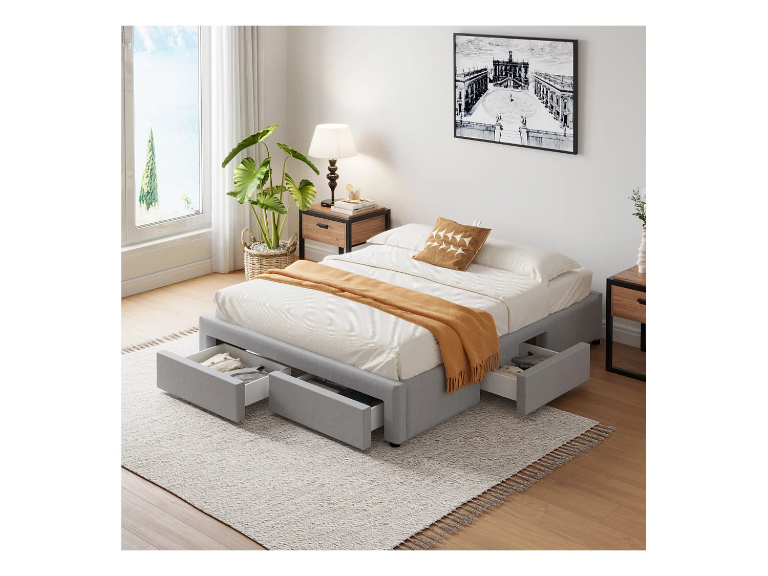 Zeitgenössisches Bett mit Schubladen SACRAMENTO - 140x190 - grau mit 4 Schubladen und stabilem Polywood-Rahmen