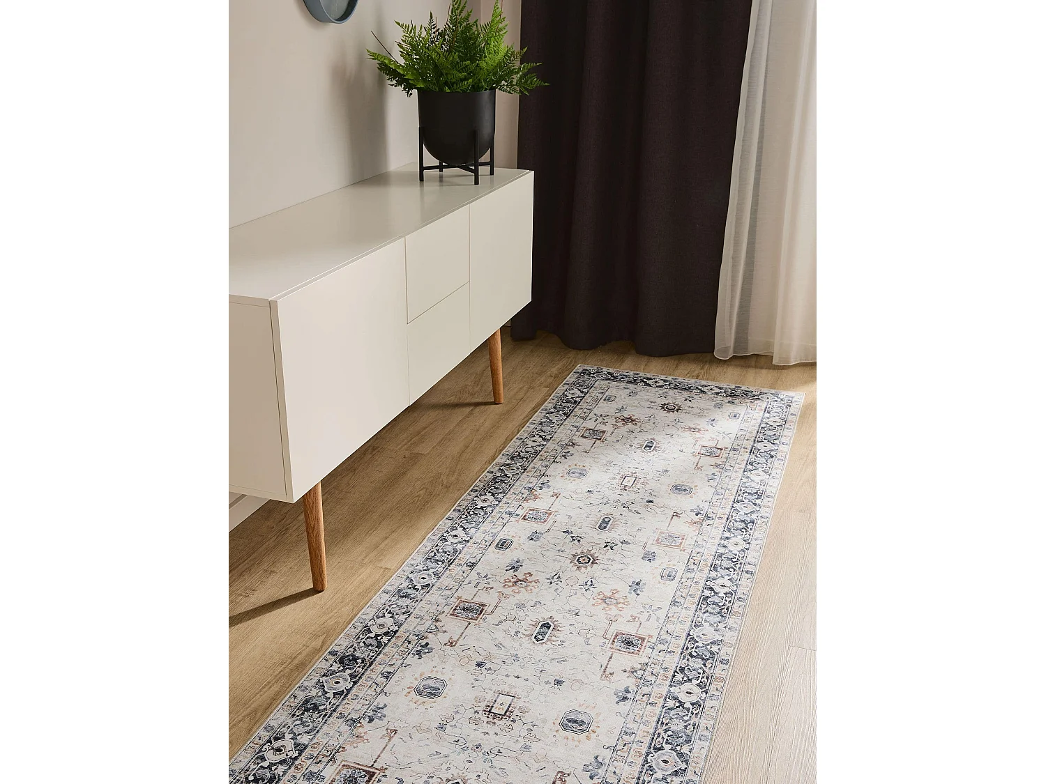 Tapis de couloir lavable George Crème/Gris 80x240 cm