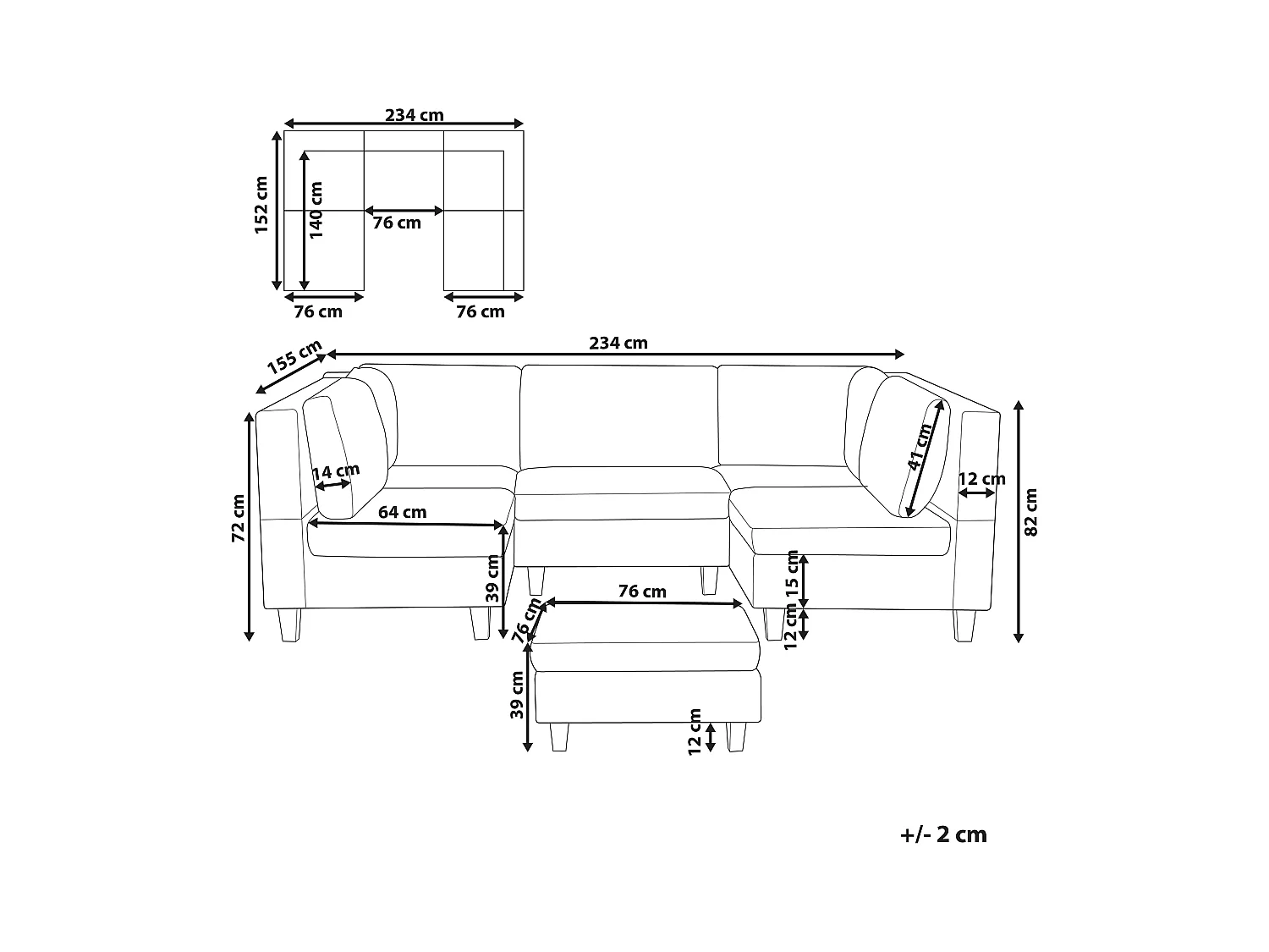 Canapé modulable en forme de U 5 places UNSTAD Tissu Noir avec ottoman