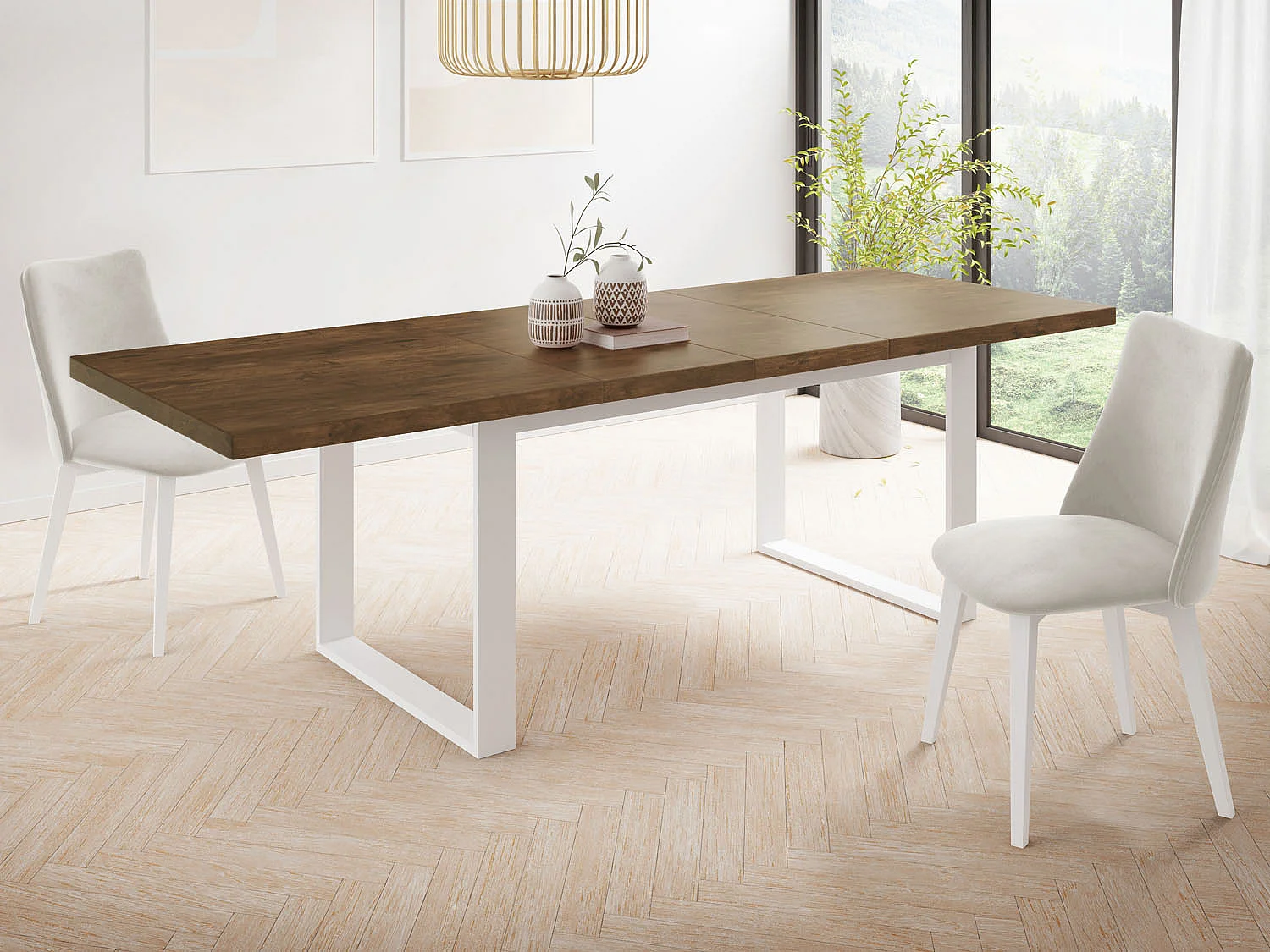 Rechteckiger Loft Esstisch Für Wohnzimmer - Loft Stil Esstisch Mit Weißen Metallfüßen - Ausziehbarer Esstisch von 160 cm bis 240 cm - Made in EU - Lefkas Eiche