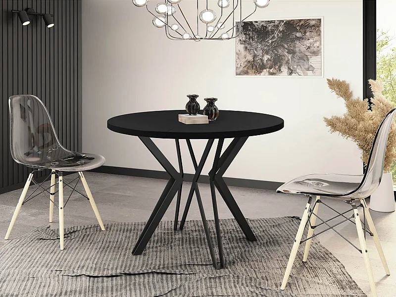 Runder Tisch für das Esszimmer - 100 oder 120 cm Durchmesser - Ausziehbarer Tisch mit Pulverbeschichteten Schwarzen Metallbeinen - 120 cm - Schwarz