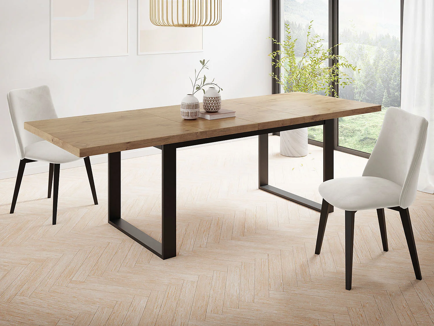 Ausziehbarer Rechteckiger Esstisch im Loft-Stil mit Schwarzen Metallbeinen – Tisch für Wohnzimmer – Ausziehbar von 160 cm auf 240 cm – Made in EU – Lancelot Eiche