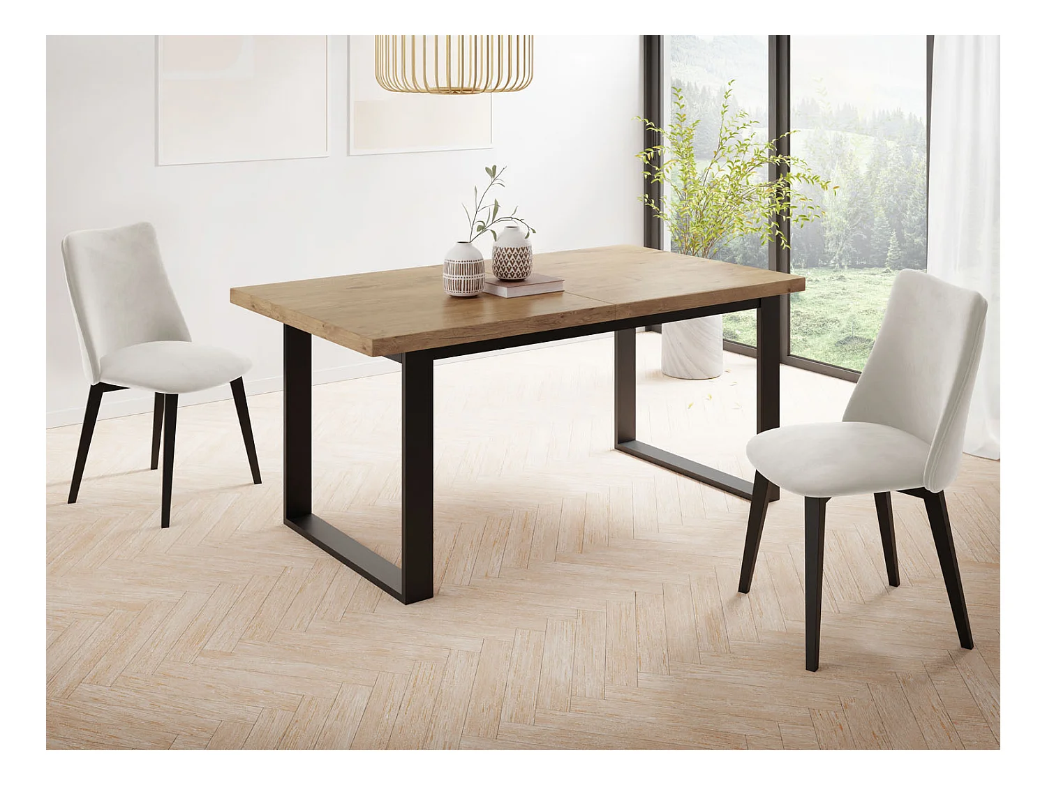 Ausziehbarer Rechteckiger Esstisch im Loft-Stil mit Schwarzen Metallbeinen – Tisch für Wohnzimmer – Ausziehbar von 160 cm auf 240 cm – Made in EU – Lancelot Eiche