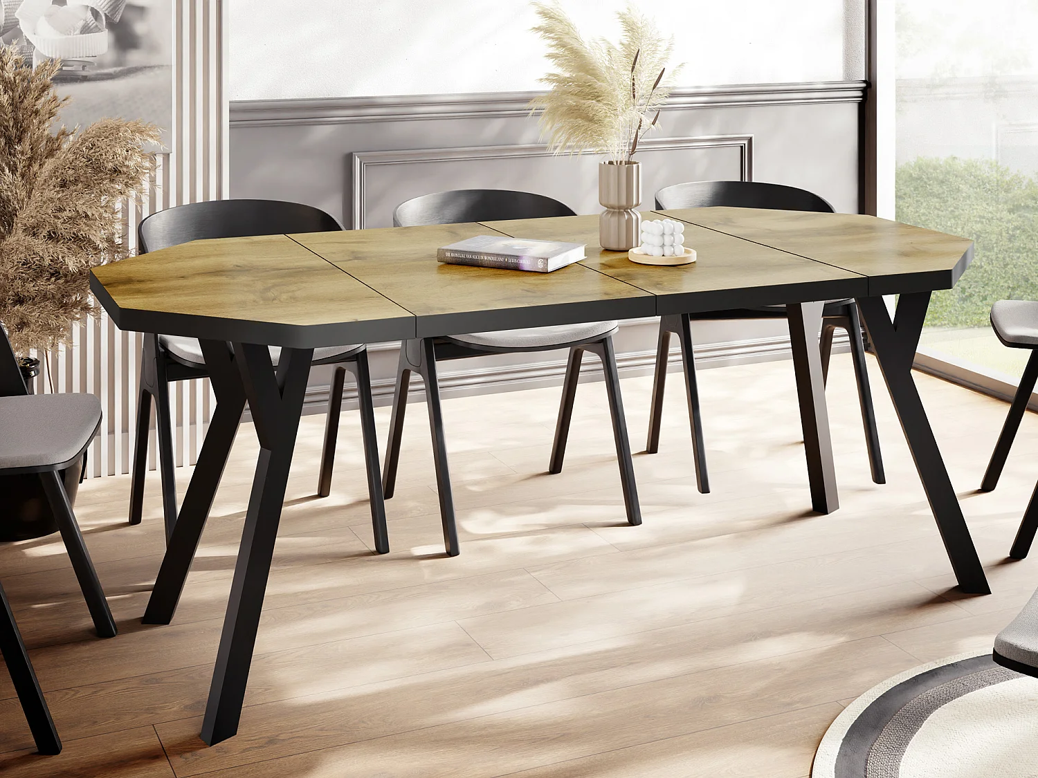 Table à Manger Extensible Moderne avec Pieds Noirs - Plateau en Panneau Stratifié, Style Loft - Chêne Wotan - 100/150