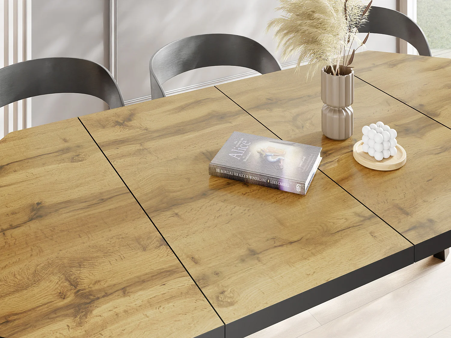 Table à Manger Extensible Moderne avec Pieds Noirs - Plateau en Panneau Stratifié, Style Loft - Chêne Wotan - 100/150