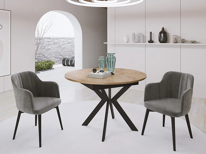 Table à Manger Extensible Ronde Avec Pieds en Métal Noir - Rangement Des Extensions à L'Intérieur - Table Style Industriel Pour Salon Séjour 100 cm - Chêne Lancelot