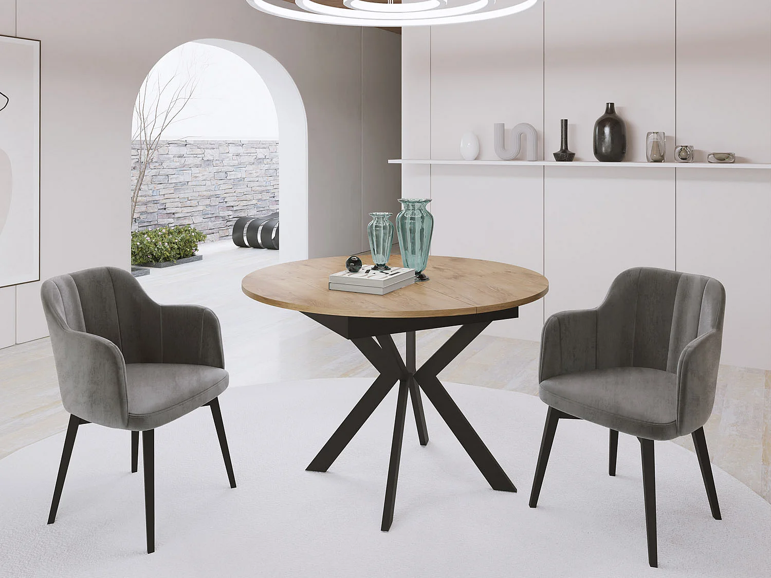 Table à Manger Extensible Ronde Avec Pieds en Métal Noir - Rangement Des Extensions à L'Intérieur - Table Style Industriel Pour Salon Séjour 100 cm - Chêne Lancelot