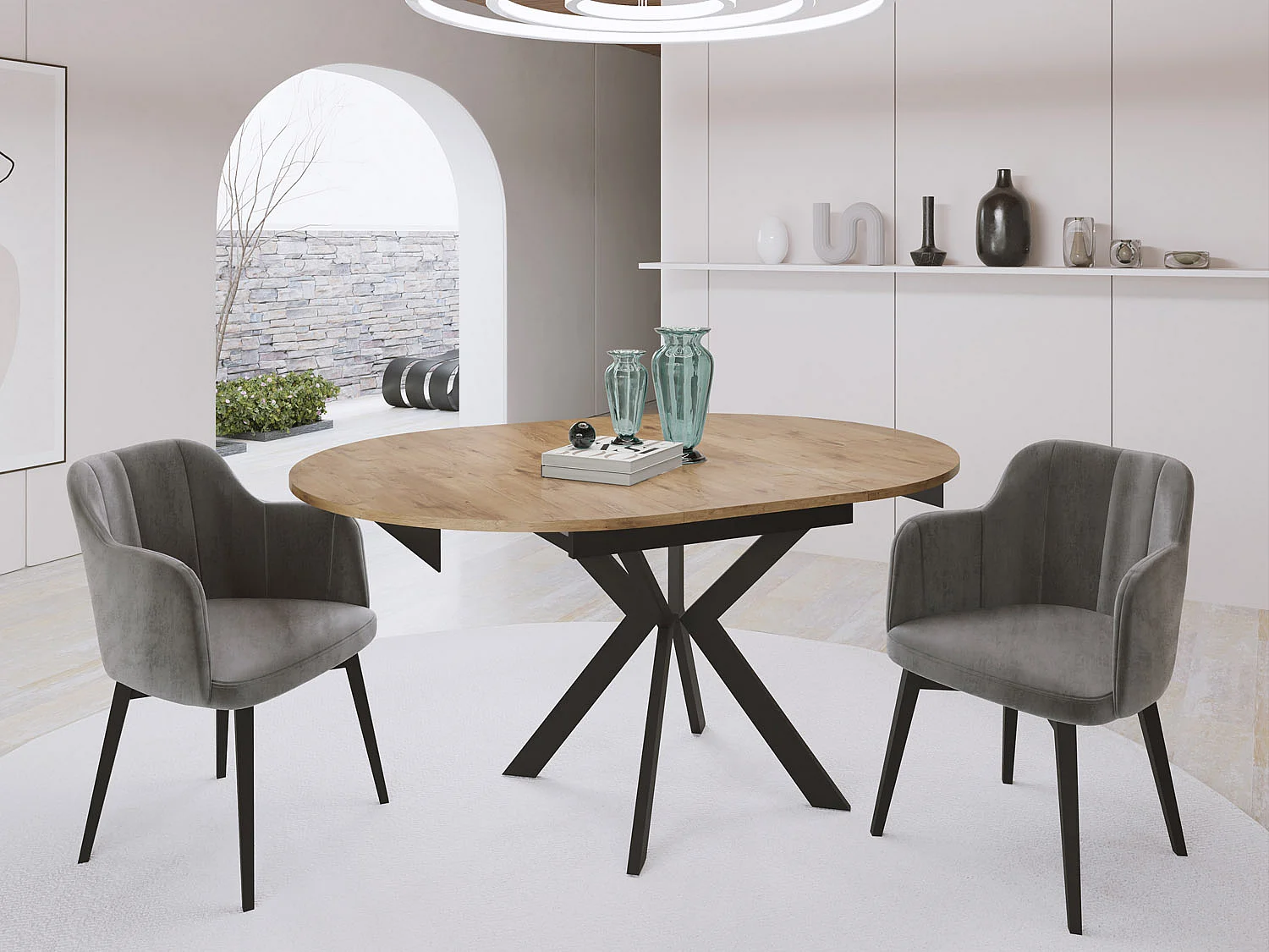 Table à Manger Extensible Ronde Avec Pieds en Métal Noir - Rangement Des Extensions à L'Intérieur - Table Style Industriel Pour Salon Séjour 100 cm - Chêne Lancelot
