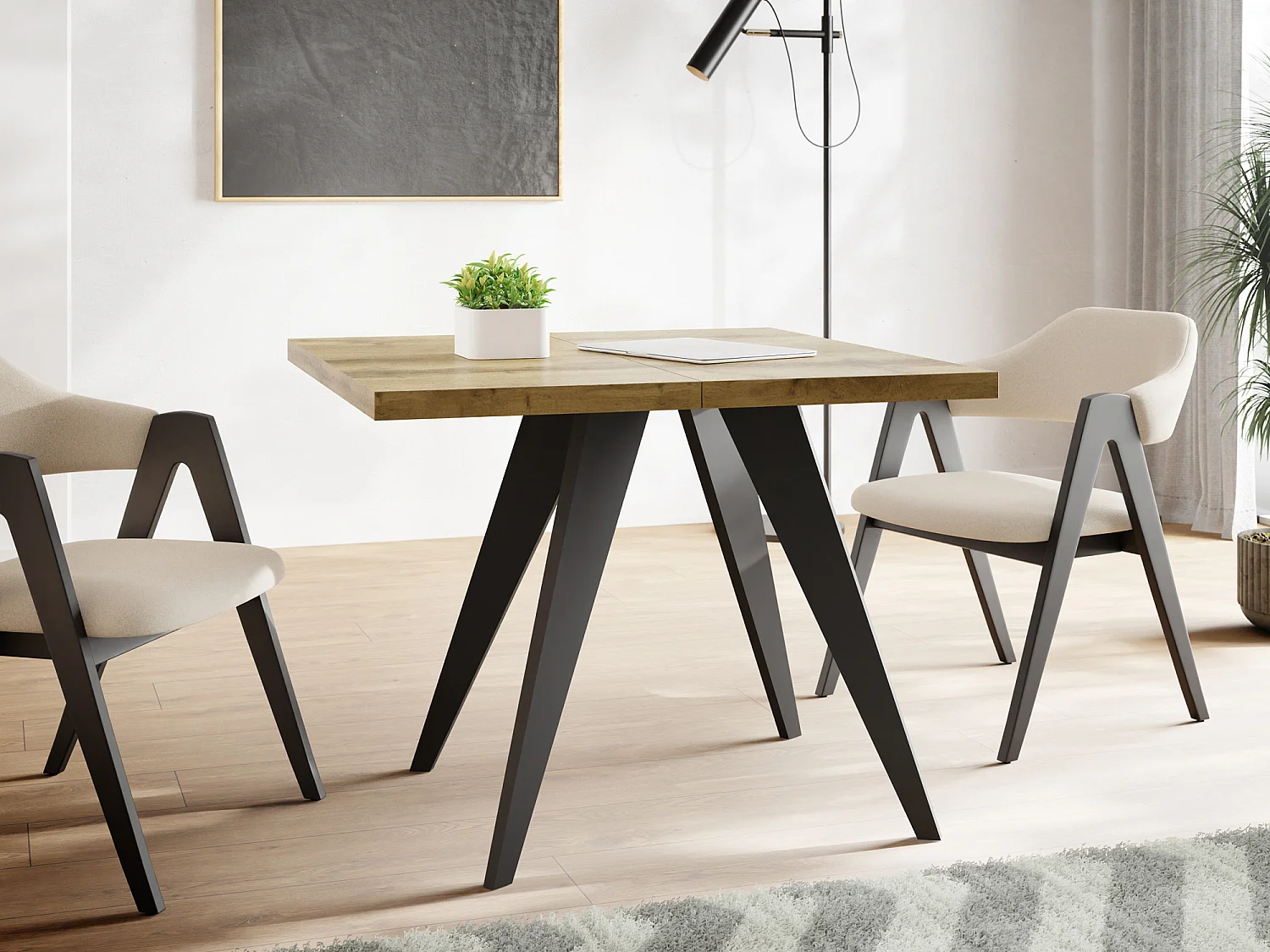Table à Manger Carrée Extensible Quadro 100-150 cm - Table de Salle à Manger Industrielle avec Pieds Noirs pour 4-6 Personnes - Style Loft - Chêne Wotan