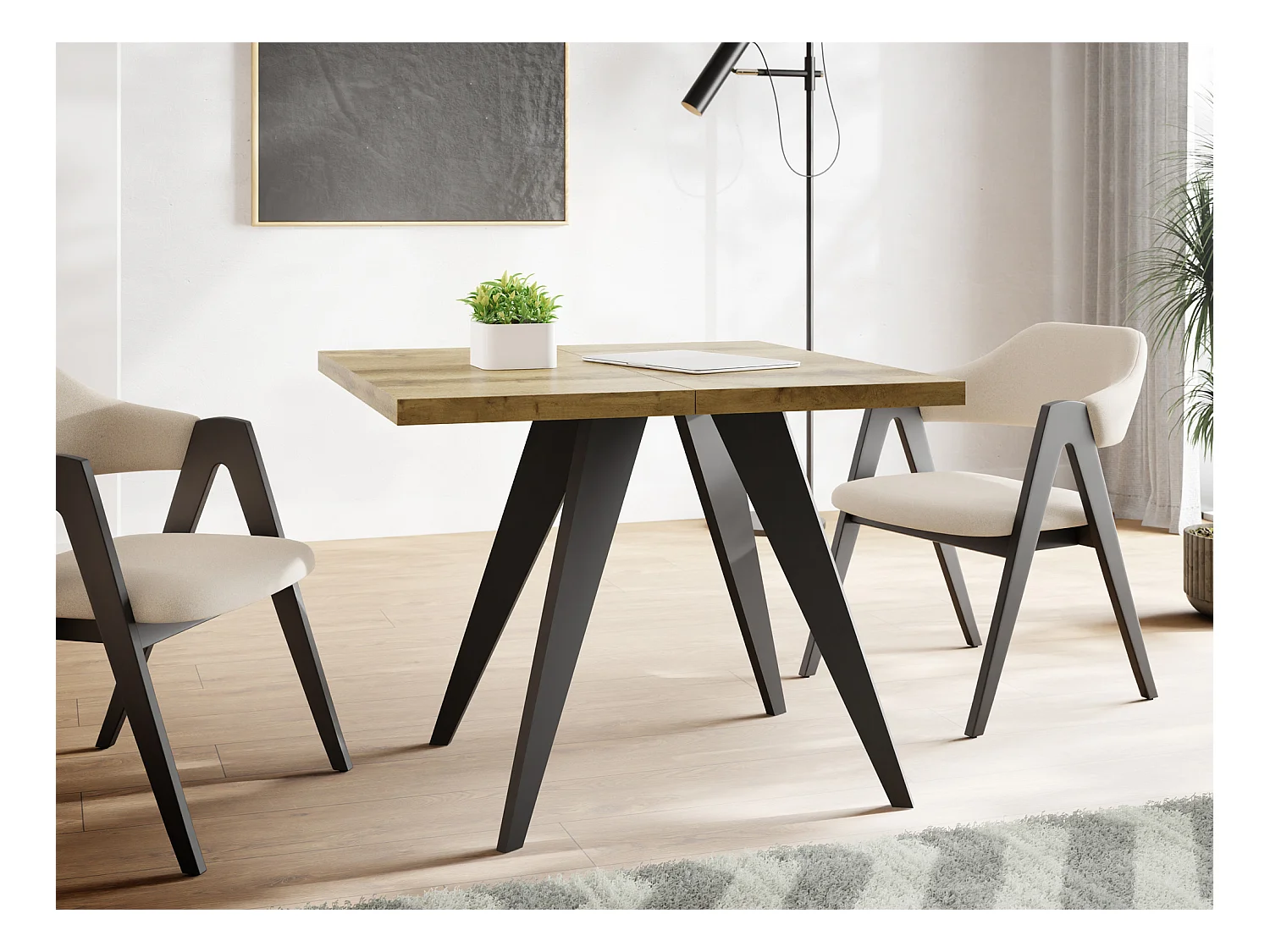 Quadratischer Ausziehbarer Esstisch Quadro 100-150 cm - Industrial Esszimmertisch mit Schwarzen Holzbeinen für 4-6 Personen - Loft-Stil Küchentisch - Wotan Eiche