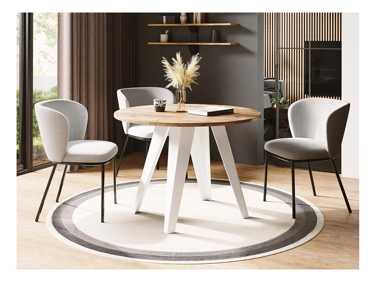 Table de salle à manger Ronde de style industriel - Moderne - Extensible de 90 cm à 130 cm - Pieds métalliques blancs - Compacte - Chêne Craft