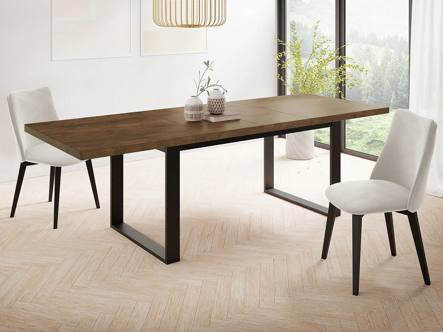 Ausziehbarer Rechteckiger Esstisch im Loft-Stil mit Schwarzen Metallbeinen – Tisch für Wohnzimmer – Ausziehbar von 160 cm auf 240 cm – Made in EU – Lefkas Eiche