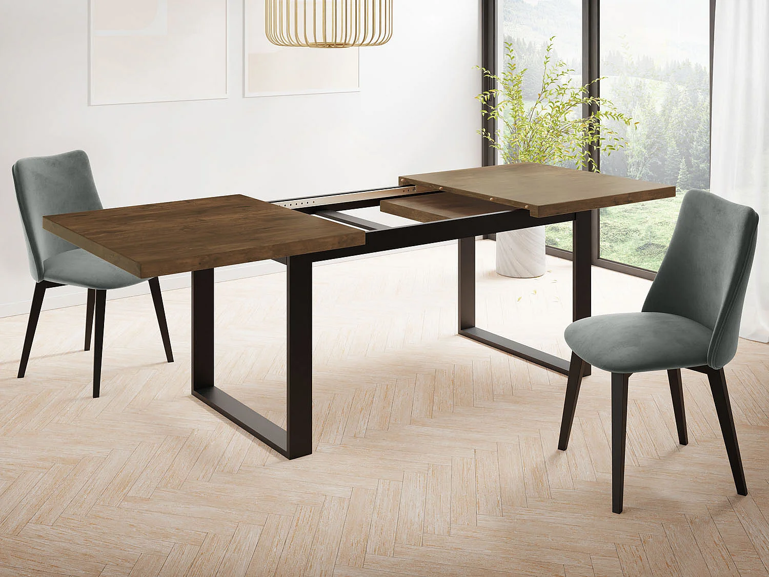 Ausziehbarer Rechteckiger Esstisch im Loft-Stil mit Schwarzen Metallbeinen – Tisch für Wohnzimmer – Ausziehbar von 160 cm auf 240 cm – Made in EU – Lefkas Eiche