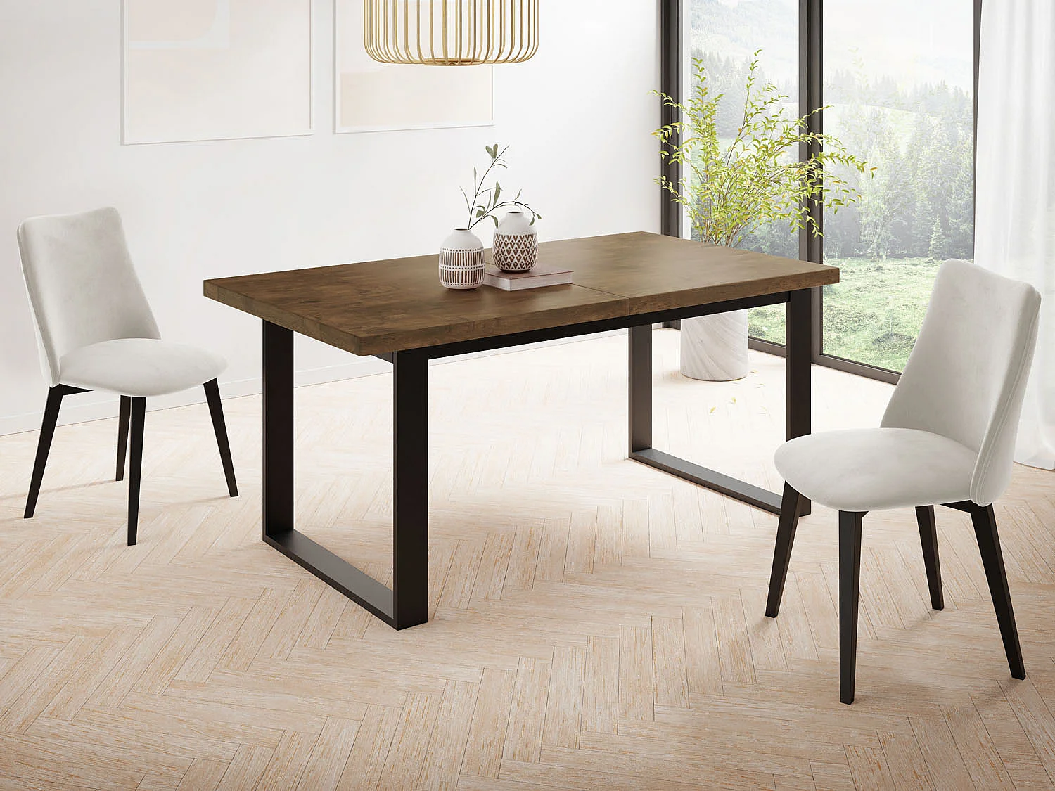 Ausziehbarer Rechteckiger Esstisch im Loft-Stil mit Schwarzen Metallbeinen – Tisch für Wohnzimmer – Ausziehbar von 160 cm auf 240 cm – Made in EU – Lefkas Eiche