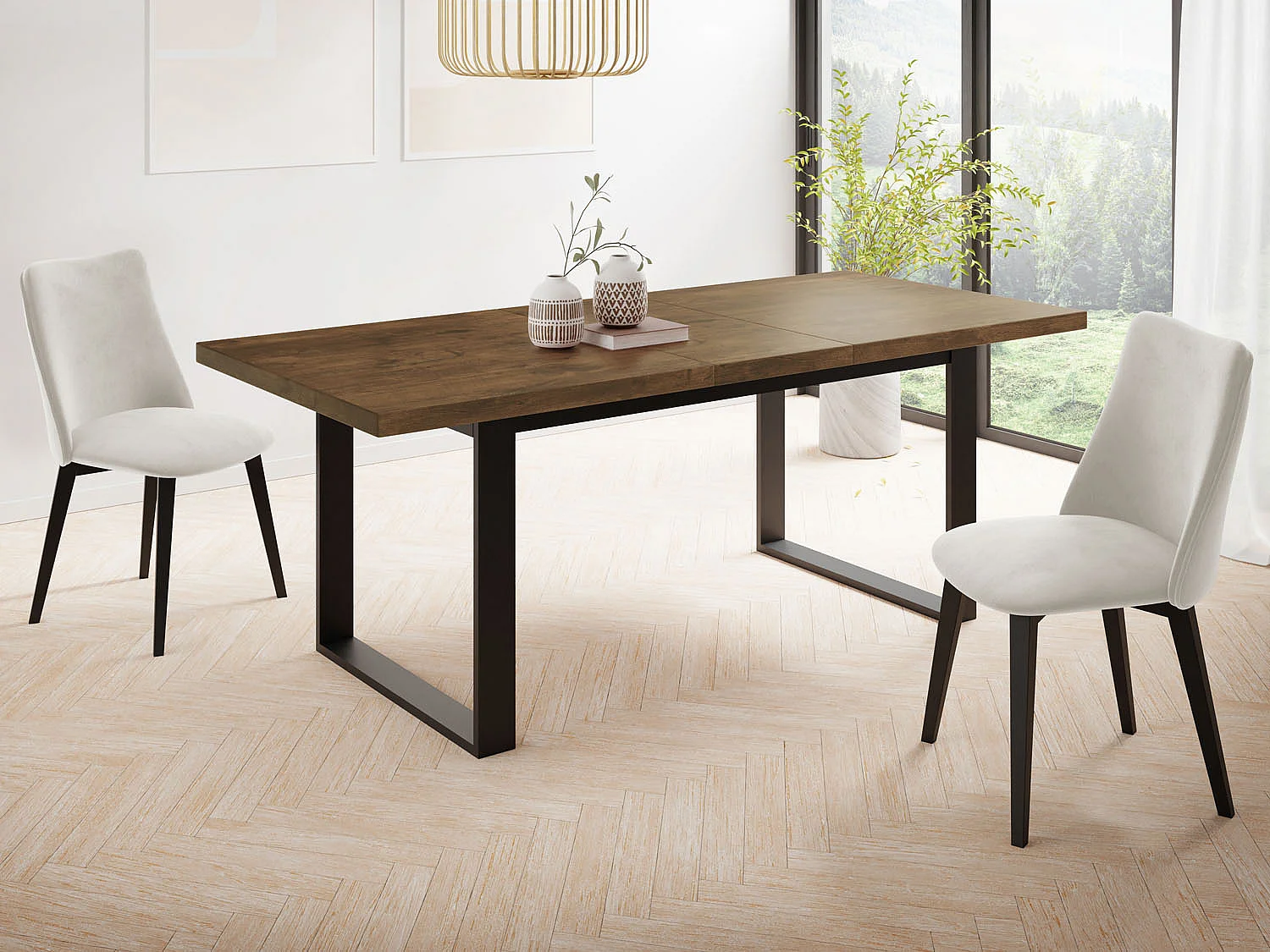 Ausziehbarer Rechteckiger Esstisch im Loft-Stil mit Schwarzen Metallbeinen – Tisch für Wohnzimmer – Ausziehbar von 160 cm auf 240 cm – Made in EU – Lefkas Eiche