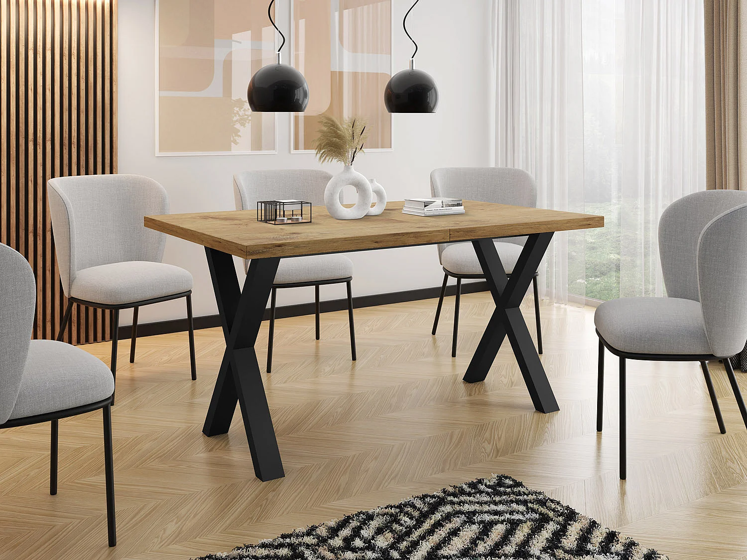 Rechteckiger Ausziehbarer Esstisch - Großer Modern-Stil Tisch mit schwarzen Metallbeinen 120 140 160 cm bis 220 240 260 cm - 160 x 90 cm - Lancelot Eiche