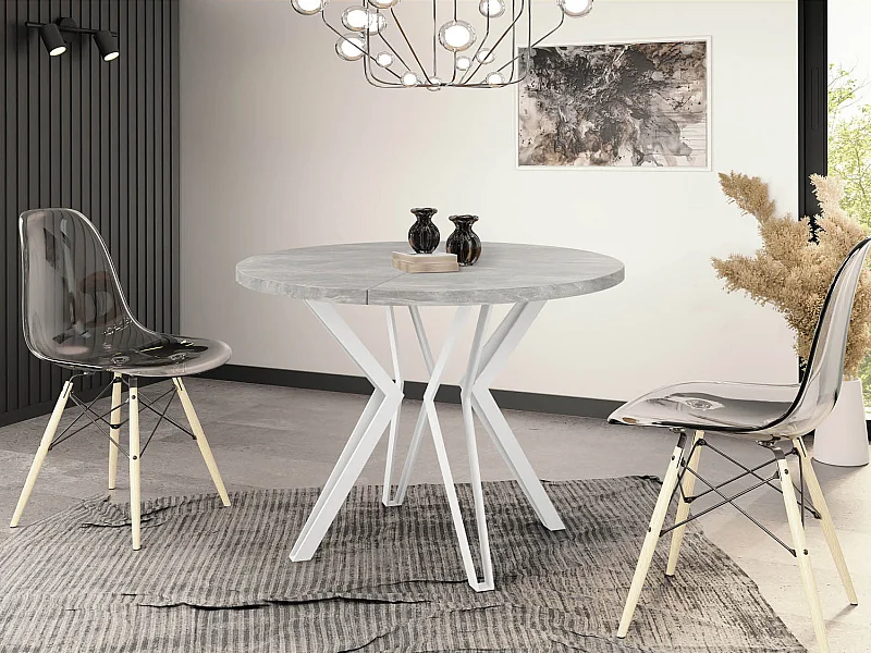 Table Ronde Salle à Manger - 120/196 cm de Diamètre - Table à Rallonges avec Pieds en Métal Blanc - Style Industriel - Compacte - Gris Béton