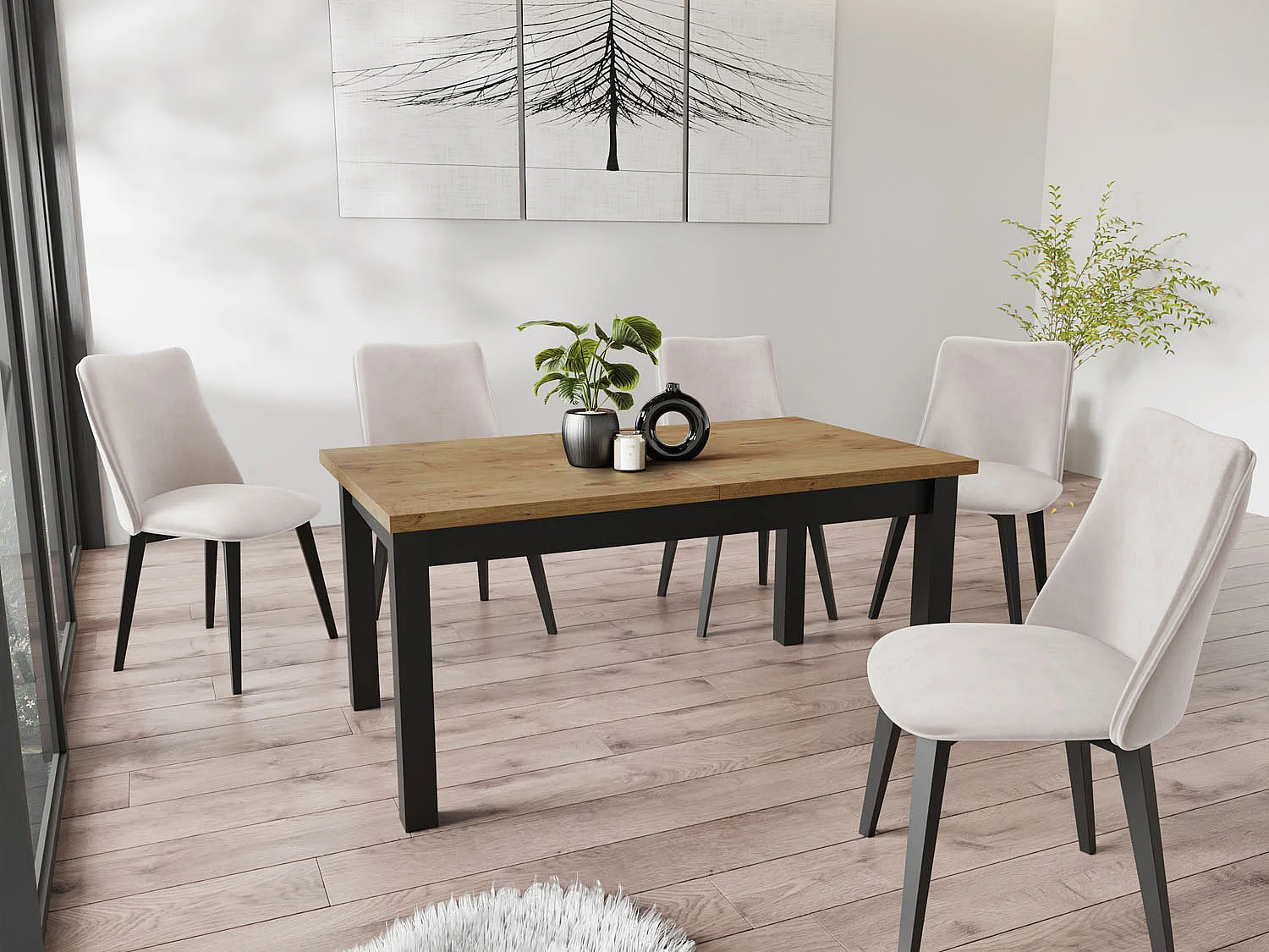 Moderner Rechteckiger Ausziehbarer Esstisch - Platzsparend - Schwarze Holzbeine - 160 bis 200 cm - Hergestellt in EU - 160 x 80 cm - Lancelot Eiche