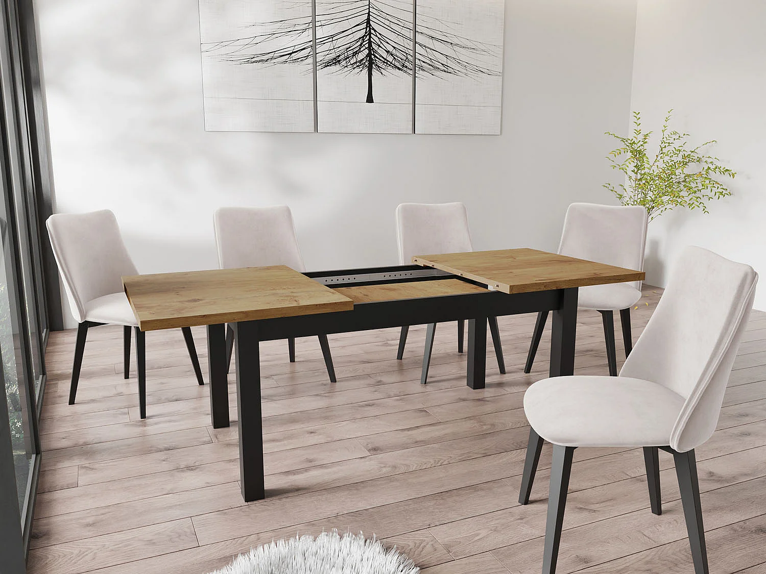 Moderner Rechteckiger Ausziehbarer Esstisch - Platzsparend - Schwarze Holzbeine - 160 bis 200 cm - Hergestellt in EU - 160 x 80 cm - Lancelot Eiche