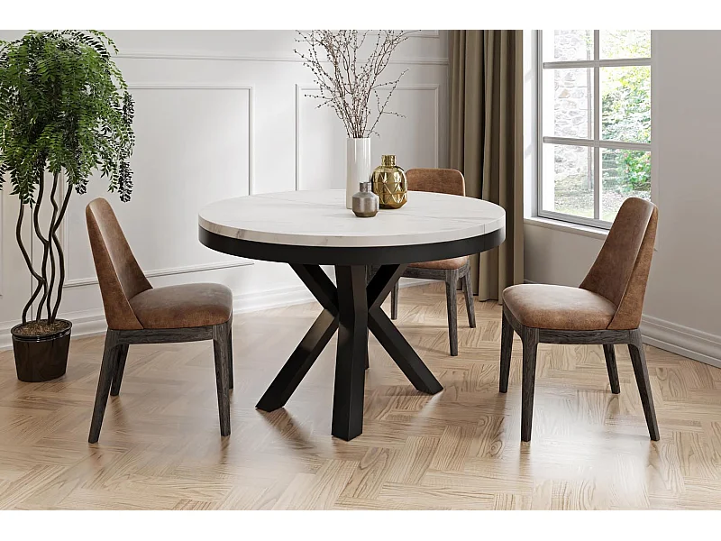 Table à Manger Ronde Extensible Style Loft – Table Industrielle avec Pieds en Métal Noir – Gain de Place pour Salon et Séjour – Marbre Blanc – 100 cm