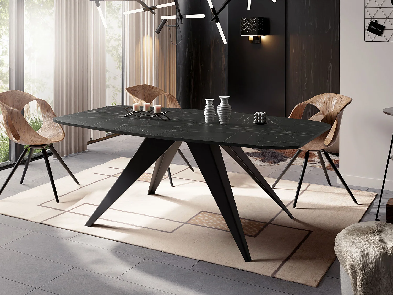 Ausziehbarer Esstisch im Loft-Stil - Industrieller Tisch mit Schwarzen Metallbeinen - Modernes Design für Wohnzimmer 160 cm Ausziehbar auf 200 cm - Marmor Schwarz