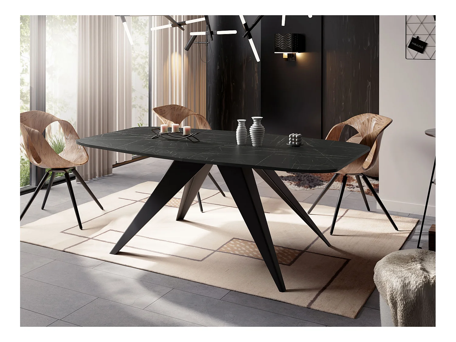 Table à Manger Extensible Style Loft - Table Industrielle avec Pieds Métalliques Noirs - Design Moderne pour Salon - 160 cm extensible à 200 cm - Marbre Noir