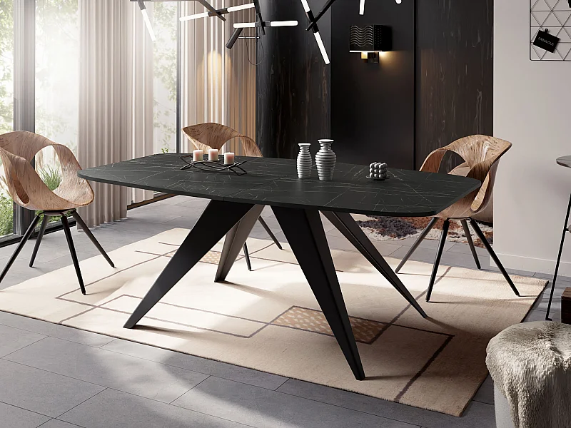 Ausziehbarer Esstisch im Loft-Stil - Industrieller Tisch mit Schwarzen Metallbeinen - Modernes Design für Wohnzimmer 160 cm Ausziehbar auf 200 cm - Marmor Schwarz