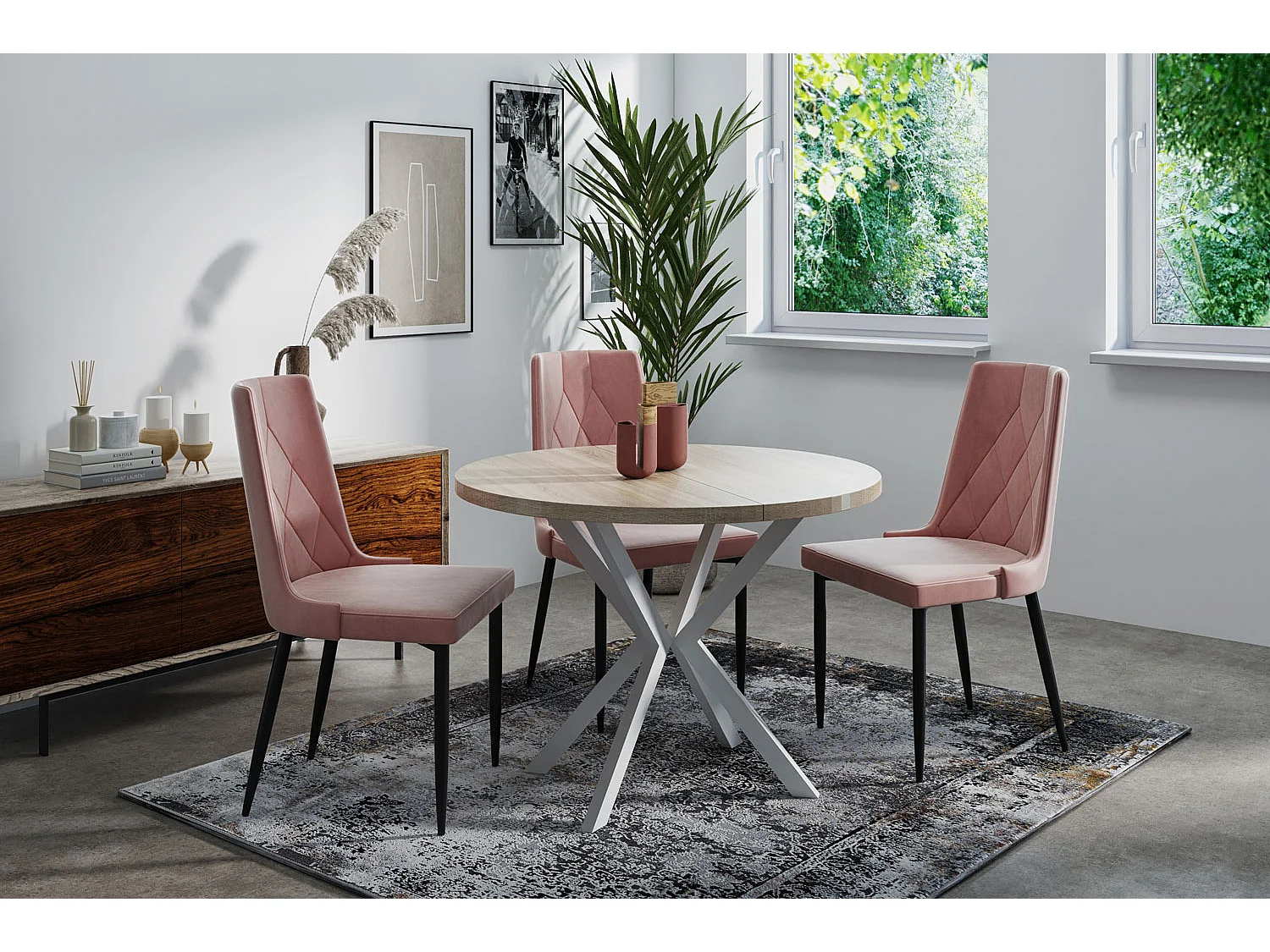 Runder Ausziehbarer Esstisch für 8-12 Personen - Loft Style Tisch mit Weißen Metallbeinen - 120 bis 200 cm - Industrieller Tisch für Wohnzimmer - Sonoma Eiche - ...