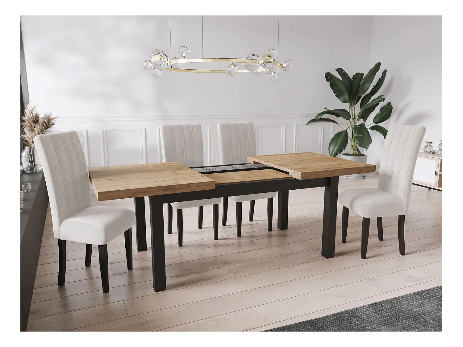 Moderner Rechteckiger Ausziehbarer Esstisch - Platzsparend - Schwarze Holzbeine - 160 bis 210 cm - Hergestellt in EU - 160 x 90 cm - Wotan Eiche