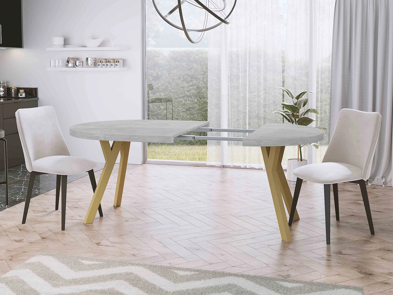 Designer Runder Ausziehbarer Esstisch - Loft-Stil, Platzsparend - Goldene Beine - 100 bis 150 cm - für 6-8 Personen - Hergestellt in EU - Beton Grau - 150 cm