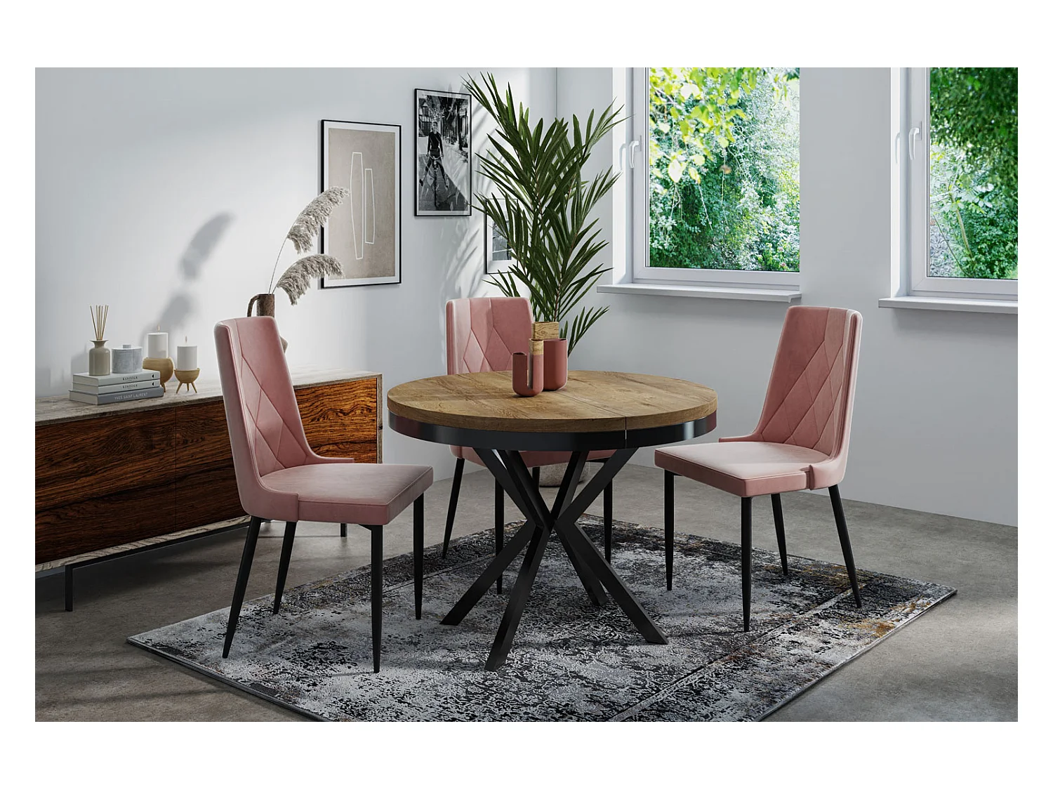 Runder Ausziehbarer Esstisch - Loft Style Tisch mit Metallbeinen - 100 bis 180 cm - Industrieller Tisch für Wohnzimmer - Kompakt - 100 cm - Lefkas Eiche