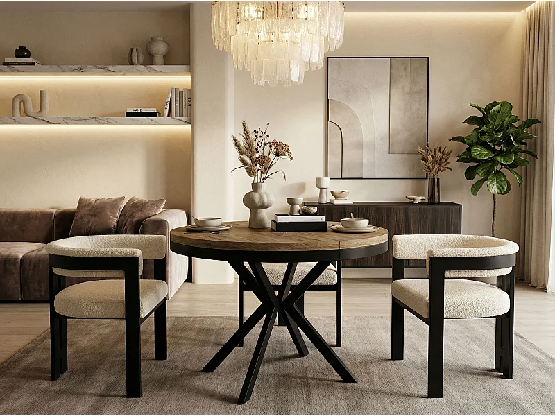 Table à Manger Extensible Ronde - Table Style Loft Avec Pieds en Métal - 100 à 180 cm - Table Ronde Style Industriel Pour le Salon - Chêne Lefkas - 100 cm