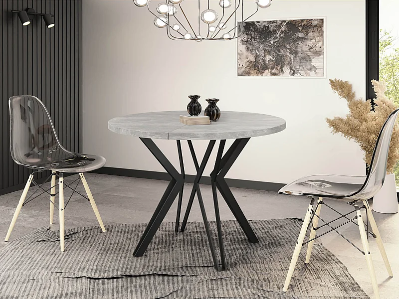 Runder Tisch für das Esszimmer - 100 oder 120 cm Durchmesser - Ausziehbarer Tisch mit Pulverbeschichteten Schwarzen Metallbeinen - Beton Grau