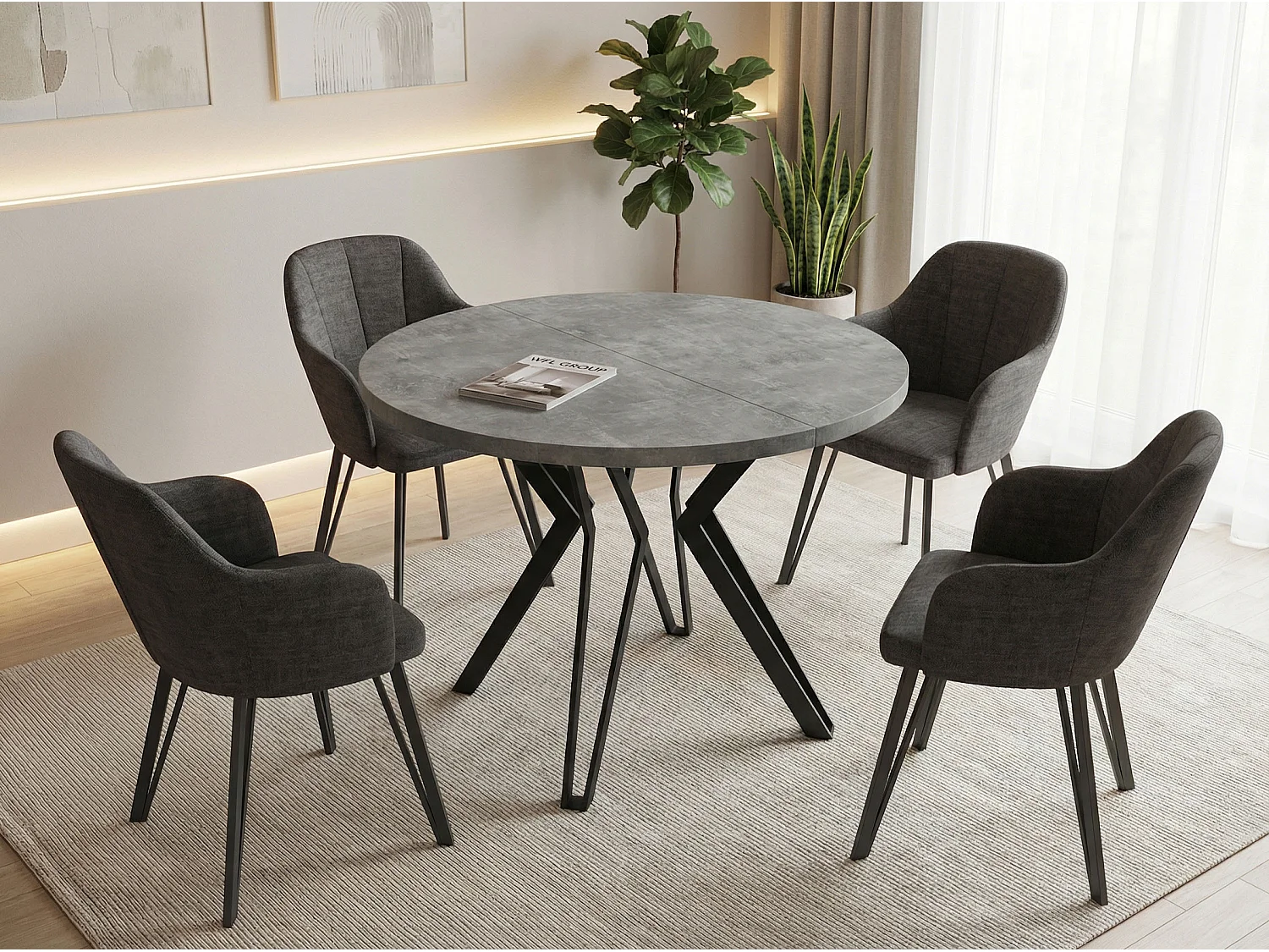 Runder Tisch für das Esszimmer - 100 oder 120 cm Durchmesser - Ausziehbarer Tisch mit Pulverbeschichteten Schwarzen Metallbeinen - Beton Grau