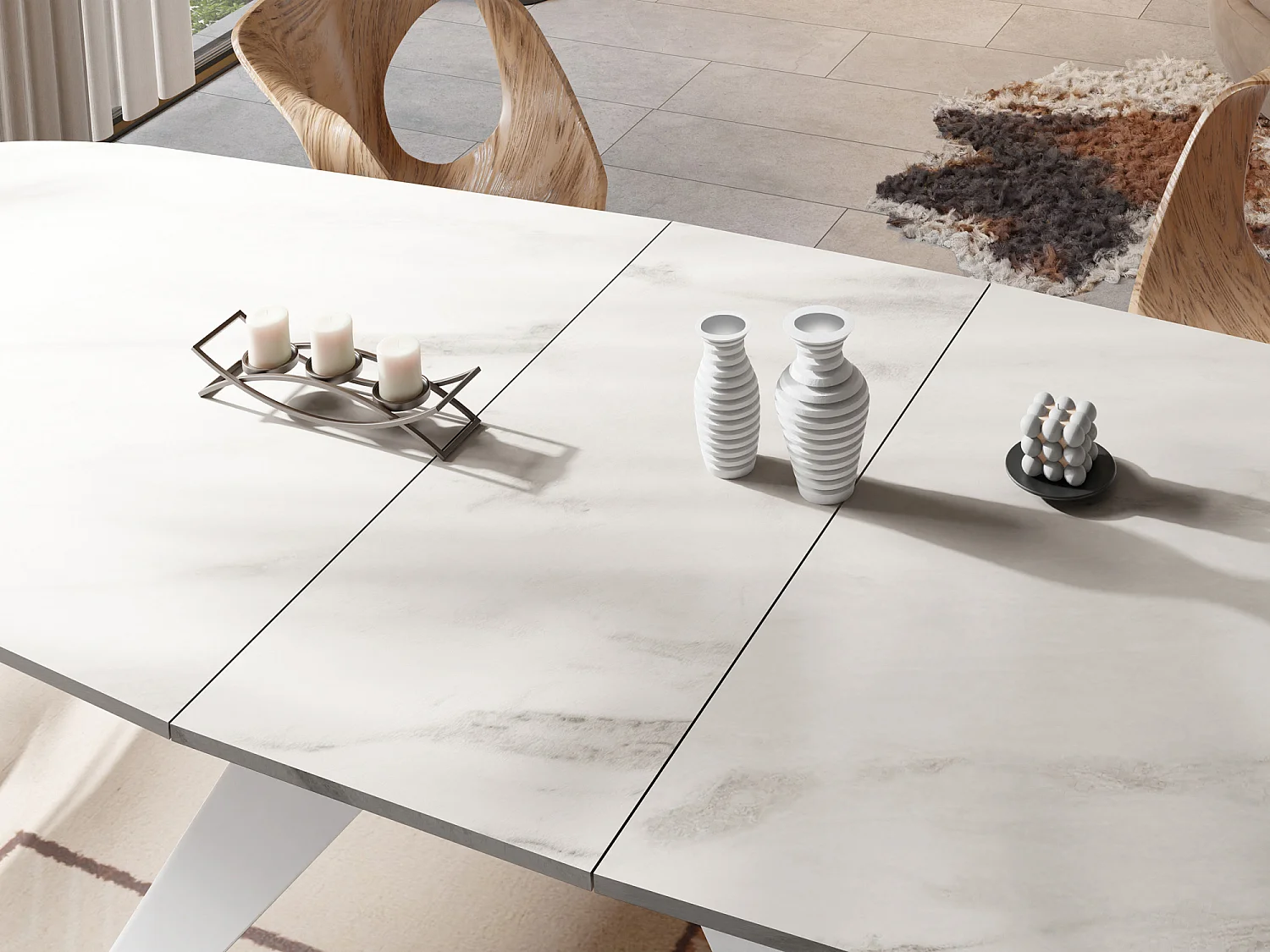 Table à Manger Extensible Style Loft - Table Industrielle avec Pieds Métalliques Blancs - Design Moderne pour Salon - 180 cm extensible à 220 cm - Marbre Blanc