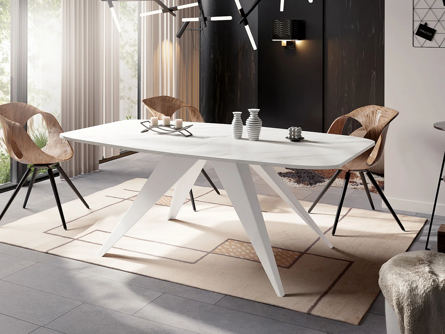 Table à Manger Extensible Style Loft - Table Industrielle avec Pieds Métalliques Blancs - Design Moderne pour Salon - 180 cm extensible à 220 cm - Marbre Blanc