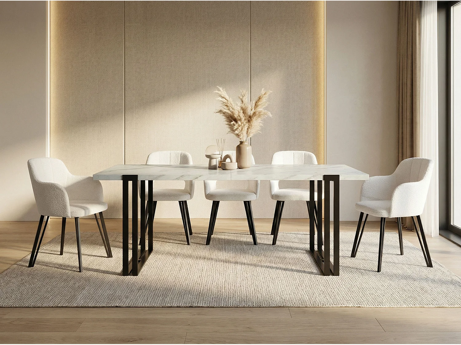 Ausziehbarer Esstisch - Großer Tisch im Loft-Stil mit Schwarzen Metallbeinen 160 bis 260 cm - Industrietisch für das Wohnzimmer - Marmor Weiß - 160 x 90 cm