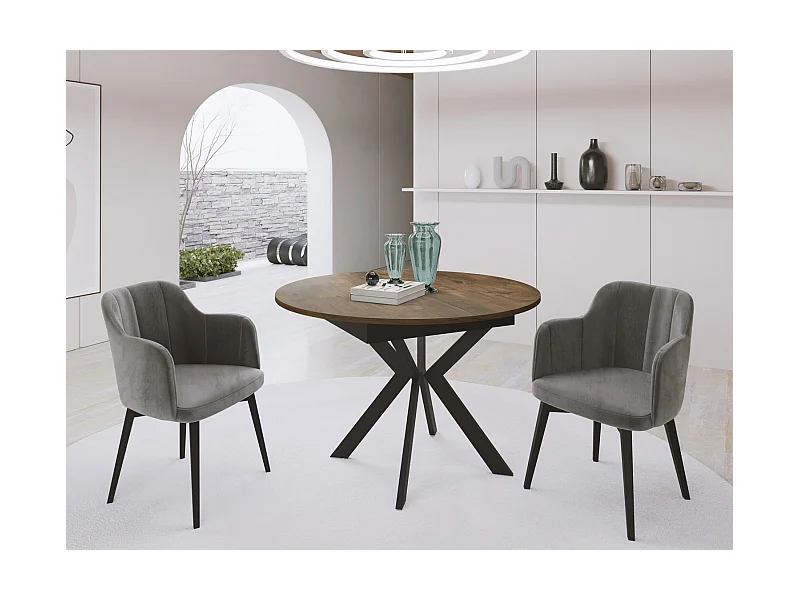 Runder Ausziehbarer Esstisch mit Schwarzen Metallbeinen - Aufbewahrung der Erweiterungsplatte im Inneren - Industrieller Tisch für Wohnzimmer 100 cm - Lefkas Eiche