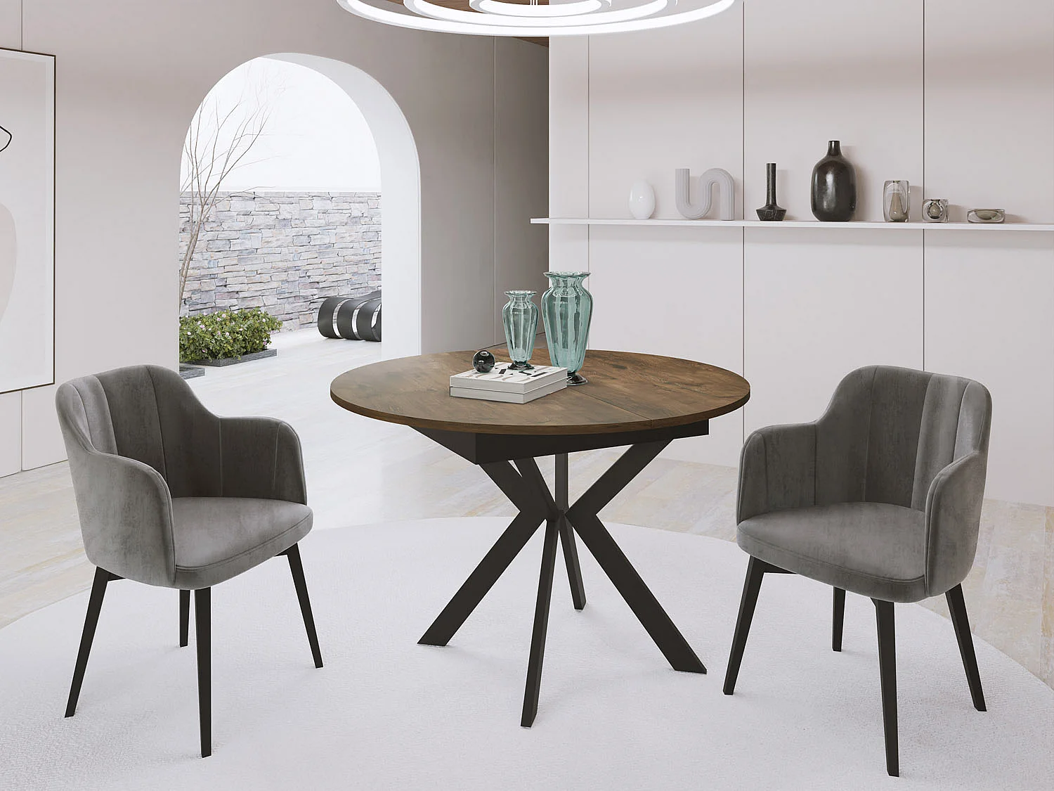 Runder Ausziehbarer Esstisch mit Schwarzen Metallbeinen - Aufbewahrung der Erweiterungsplatte im Inneren - Industrieller Tisch für Wohnzimmer 100 cm - Lefkas Eiche