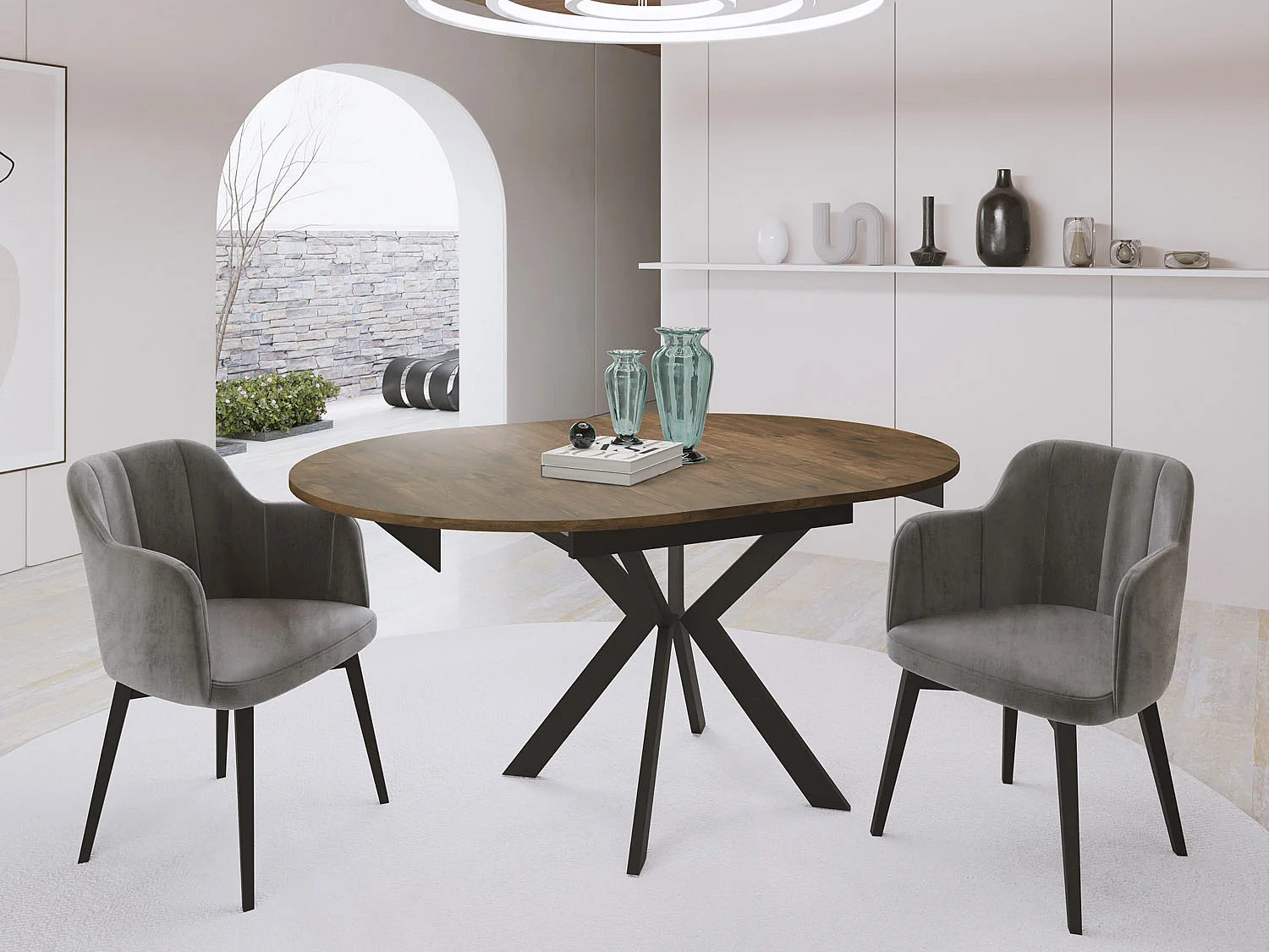 Runder Ausziehbarer Esstisch mit Schwarzen Metallbeinen - Aufbewahrung der Erweiterungsplatte im Inneren - Industrieller Tisch für Wohnzimmer 100 cm - Lefkas Eiche