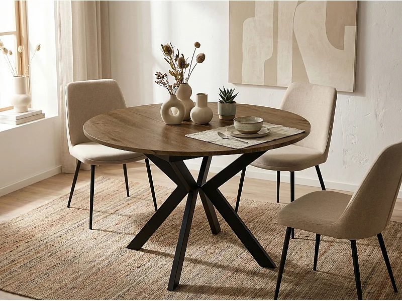 Table à Manger Extensible Ronde Avec Pieds en Métal Noir - Rangement Des Extensions à L'Intérieur - Table Style Industriel Pour Salon Séjour - 100 cm - Chêne Lefkas