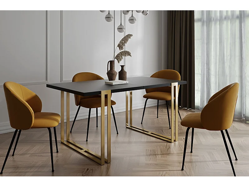 Table à Manger Extensible Rectangulaire Style Loft - Grande Table Industrielle Avec Pieds Métalliques Dorés, 140 à 240 cm - Table de Conférence - Noir