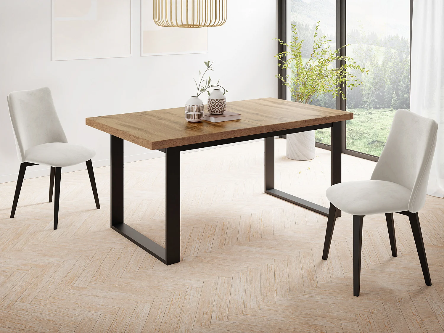 Ausziehbarer Rechteckiger Esstisch im Loft-Stil mit Schwarzen Metallbeinen – Tisch für Wohnzimmer – Ausziehbar von 160 cm auf 240 cm – Made in EU – Wotan Eiche
