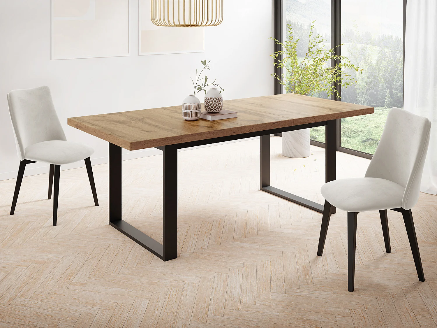 Ausziehbarer Rechteckiger Esstisch im Loft-Stil mit Schwarzen Metallbeinen – Tisch für Wohnzimmer – Ausziehbar von 160 cm auf 240 cm – Made in EU – Wotan Eiche
