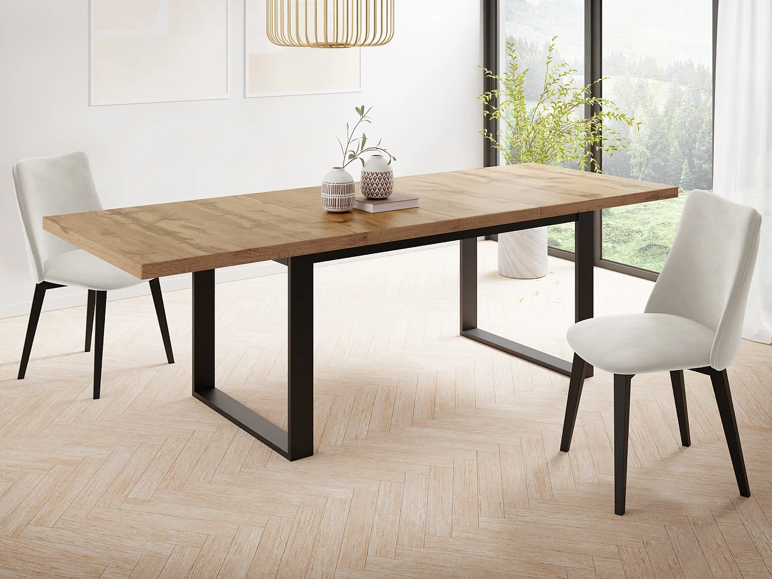 Ausziehbarer Rechteckiger Esstisch im Loft-Stil mit Schwarzen Metallbeinen – Tisch für Wohnzimmer – Ausziehbar von 160 cm auf 240 cm – Made in EU – Wotan Eiche