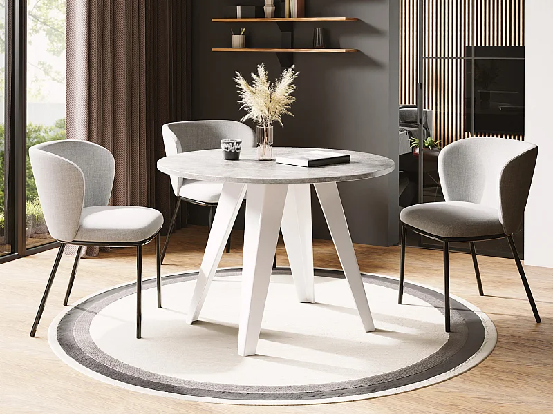 Table de salle à manger Ronde de style industriel - Moderne - Extensible de 90 cm à 130 cm - Pieds métalliques blancs - Compacte - Gris Béton