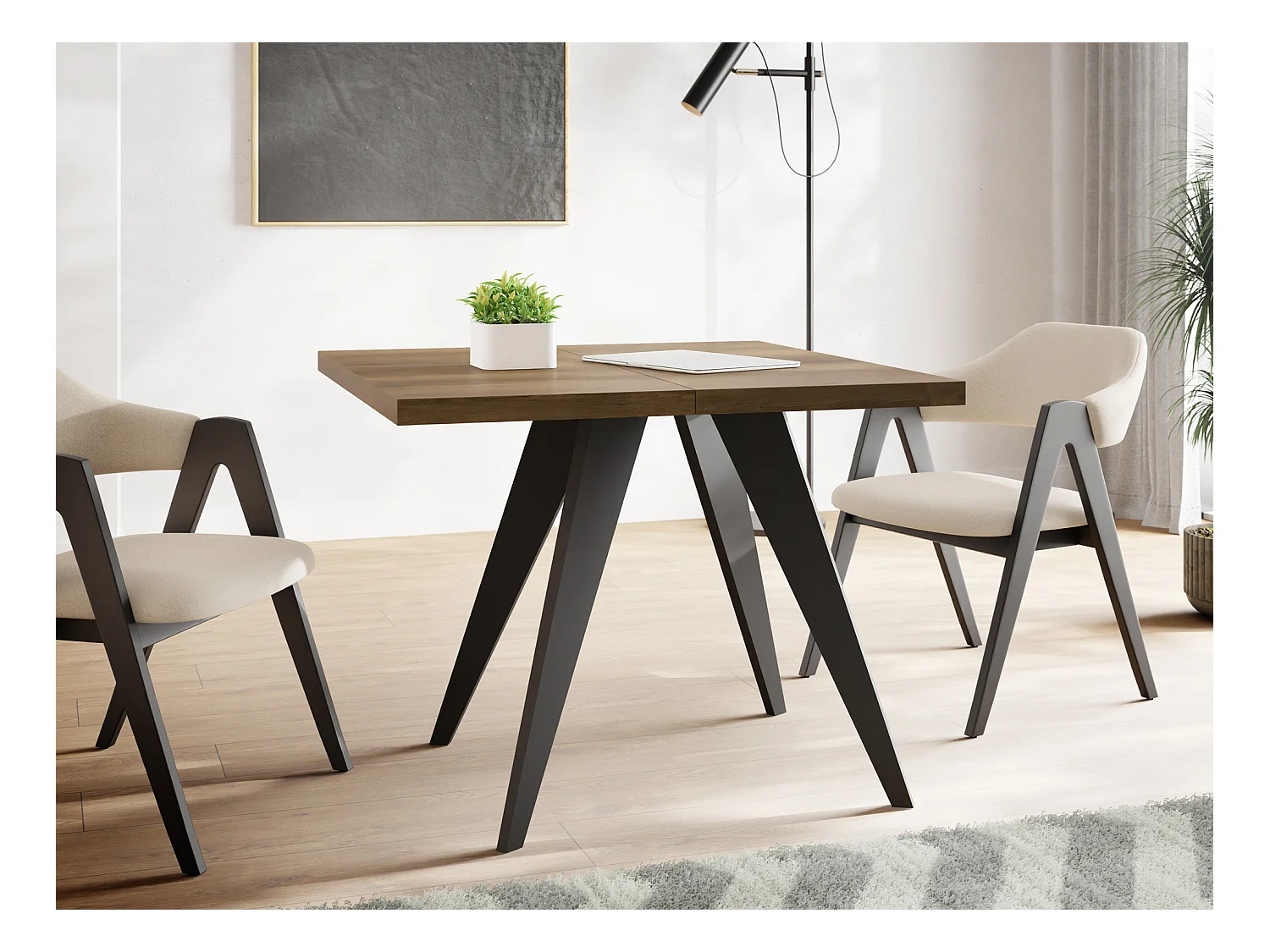 Table à Manger Carrée Extensible Quadro 100-200 cm - Table de Salle à Manger Industrielle avec Pieds Noirs pour 4-8 Personnes - Style Loft - Chêne Lefkas