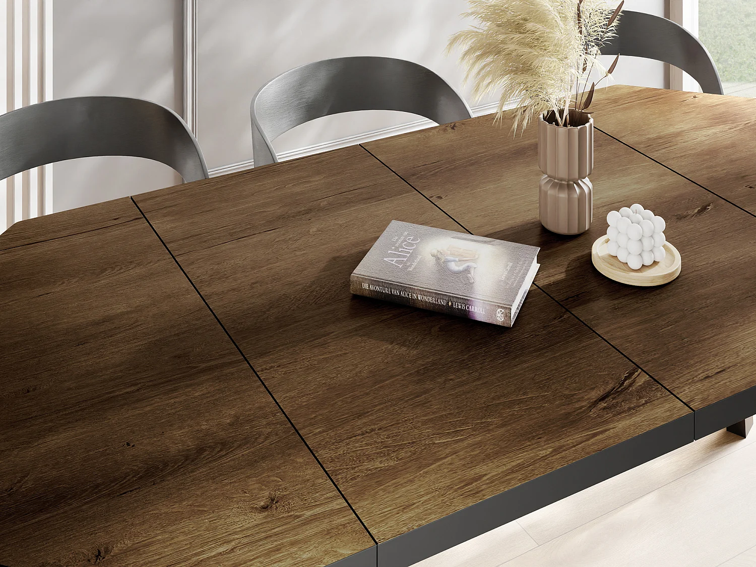 Quadratischer Ausziehbarer Esstisch Quadro 100-200 cm - Industrial Esszimmertisch mit Schwarzen Holzbeinen für 4-8 Personen - Loft-Stil Küchentisch - Lefkas Eiche