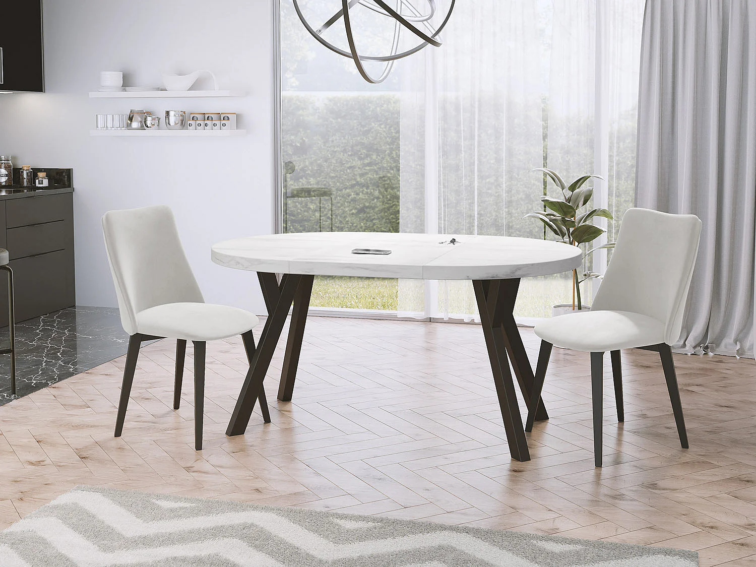 Designer Runder Ausziehbarer Esstisch - Loft-Stil, Platzsparend - Schwarze Beine - 100 bis 200 cm - für 5-10 Personen - Hergestellt in EU - Marmor Weiß - 200 cm