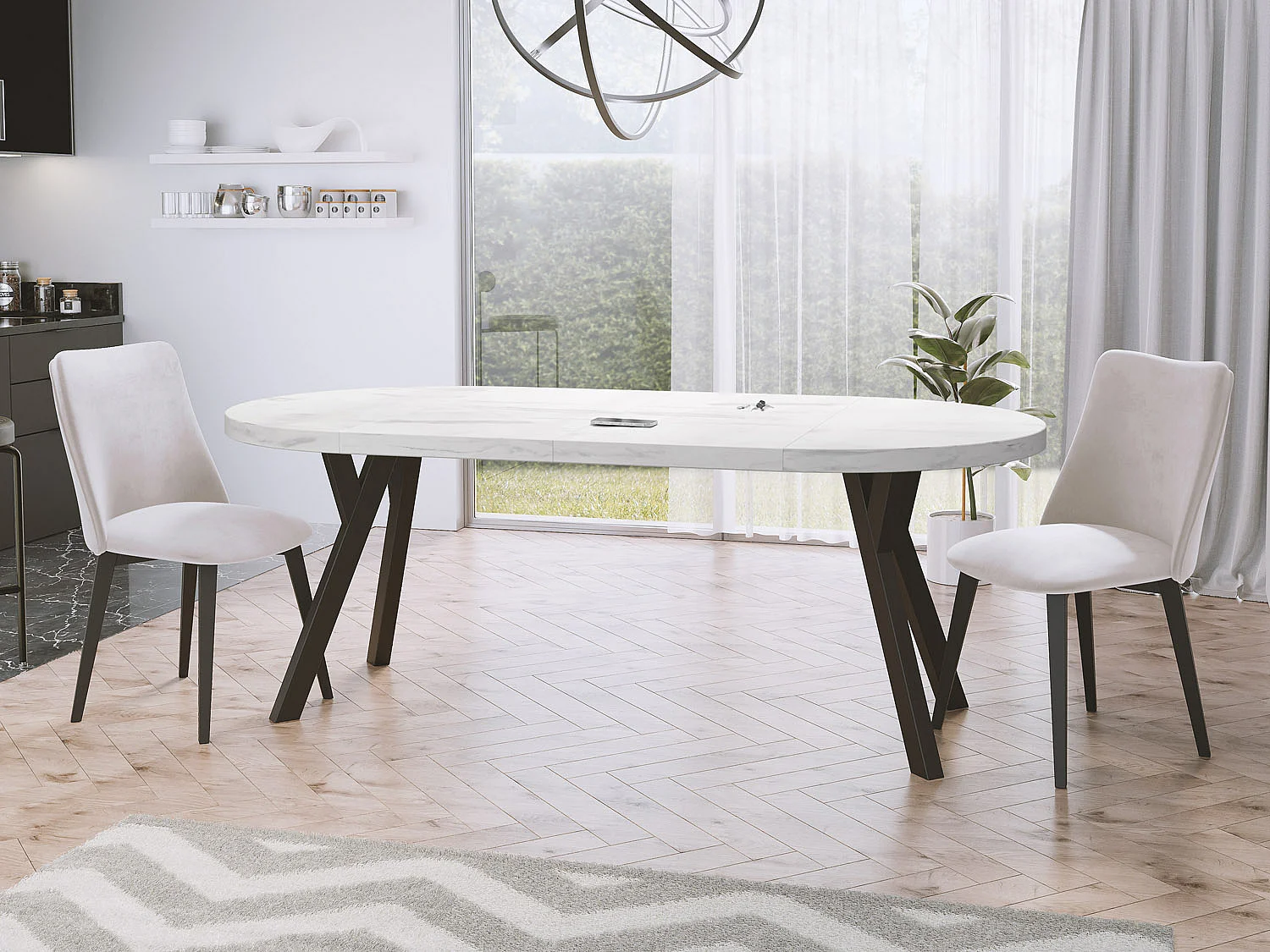 Designer Runder Ausziehbarer Esstisch - Loft-Stil, Platzsparend - Schwarze Beine - 100 bis 200 cm - für 5-10 Personen - Hergestellt in EU - Marmor Weiß - 200 cm